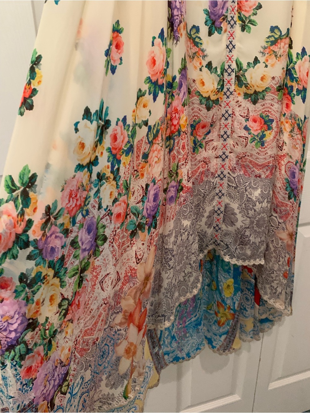 Johnny Was Cream High-Low Floral Dress with Purple, Peach and yellow Blooms
